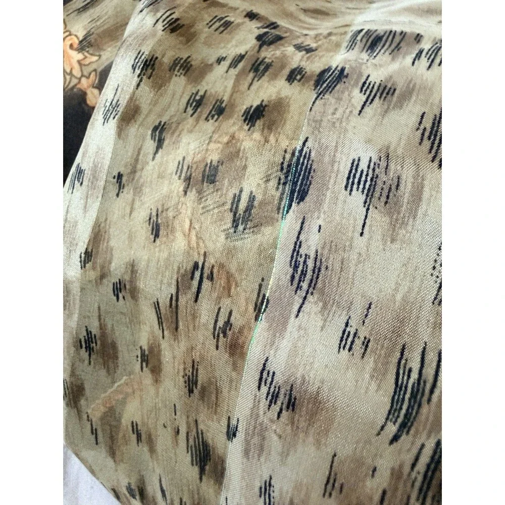 Vintage Silk Scarf Brown Gold Equestrian Chain Tassel Metallic Square 35x35